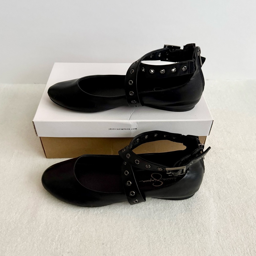 Jessica Simpson Black Ballet Flats Grommet Ankle Straps Size 10